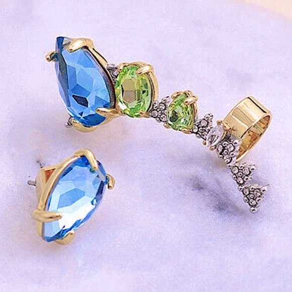 ALEXIS BITTAR • Asymmetrical Blue & Green Crystal Ear Climber & Stud Earrings - Picture 8 of 8
